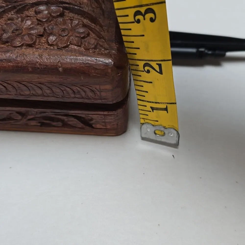 VTG Hand Carved Wooden Floral Trinket Box Blue Velvet Lined Keepsake